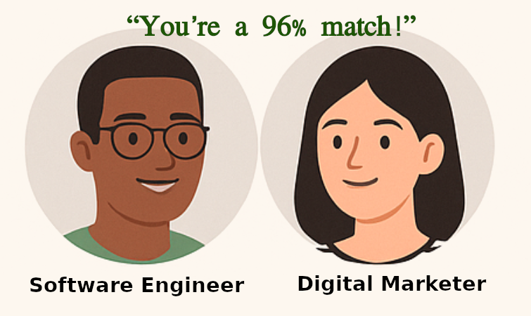 MakerMatch showing a 96% compatibility match between a Software Engineer and Digital Marketer